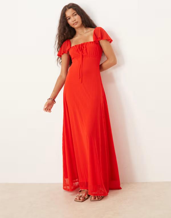 エイソス レディース トップス ワンピース ミディワンピース メッシュ ミディ ASOS DESIGN mesh textured milkmaid midi dress RED レッド