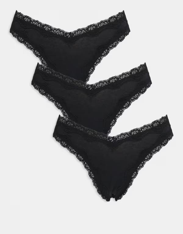 エイソス レディース アンダーウェア ブリーフパンツ レーストリム コットン レース ASOS DESIGN 3 pack cotton high leg thongs with lace trim Black ブラック