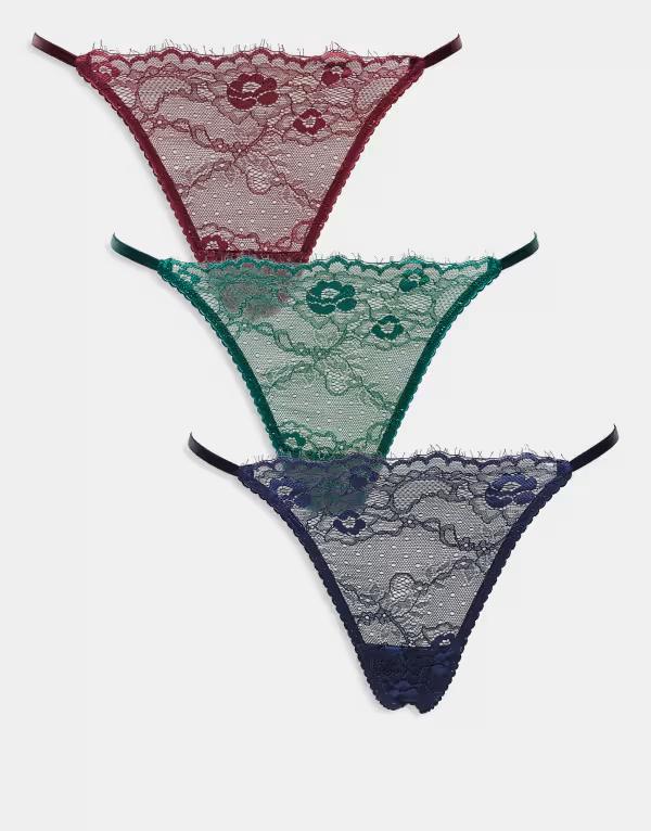 エイソス レディース アンダー御召しもの ブリーフズボン下 スピード競技 ASOS DESIGN 3 pack lace tanga thong インチ forest green, burgundy \u0026 Multi マルチ色つや
