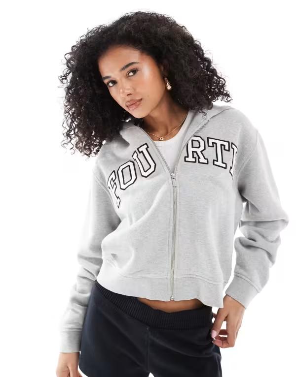 フォース&レックレス レディース アウター パーカー・スウェット 刺繍 ロゴ パーカー 4th & Reckless embroidered logo zip up hoodie Gray グレー