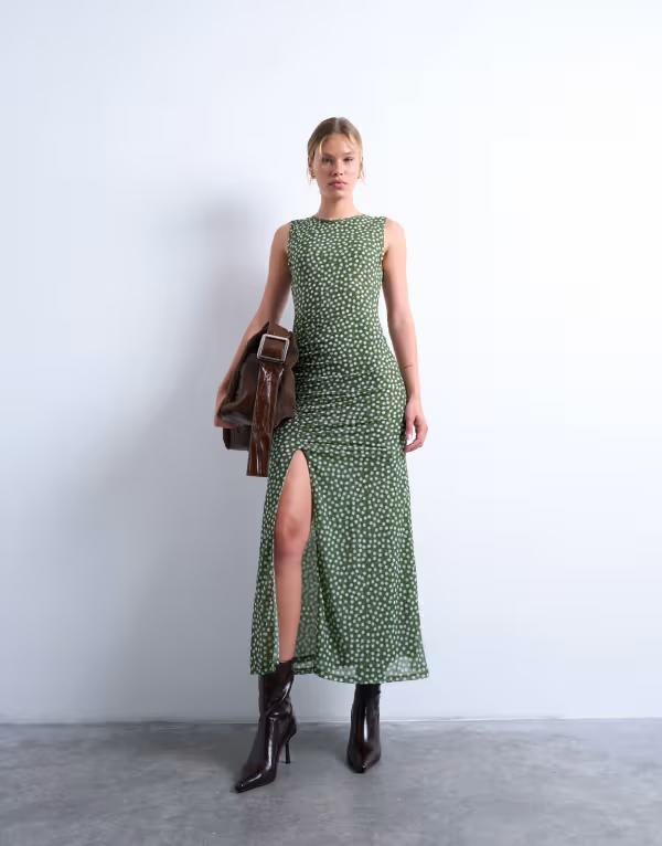 トップショップ レディース トップス ワンピース ドット柄 マキシワンピース ドット ギャザー マキシ Topshop ruched polkadot maxi dress GREEN グリーン|ReVida 店
