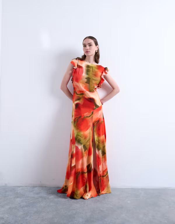トップショップ レディース トップス ワンピース マキシワンピース フラワー柄 マキシ フラワー Topshop cowl back flutter sleeve maxi dress in abstract floral Multi マルチカラー