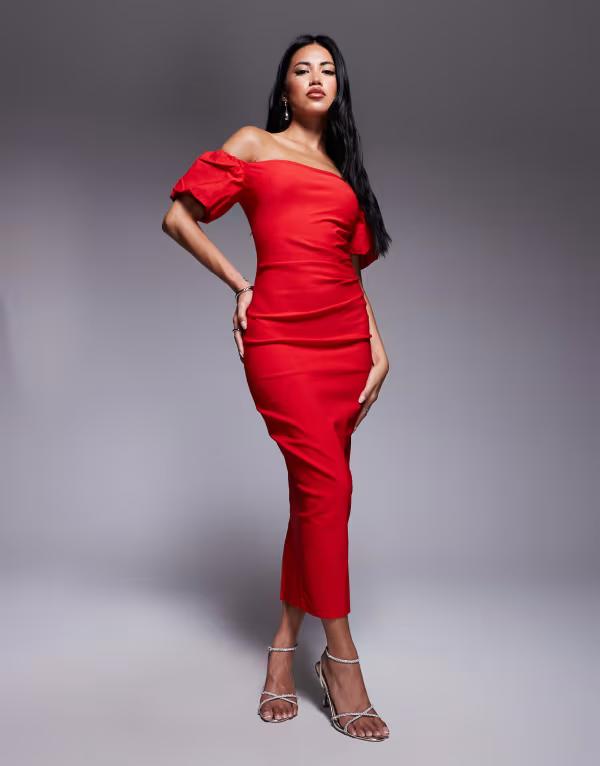 ベスパー レディース トップス ワンピース ギャザー Vesper bengaline bardot puff sleeve ruched side midaxi dress RED レッド