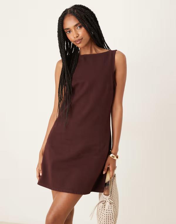 エイソス レディース トップス ワンピース ミニ デニム ASOS DESIGN denim mini shift dress in plum Plum プラム｜ReVida 店