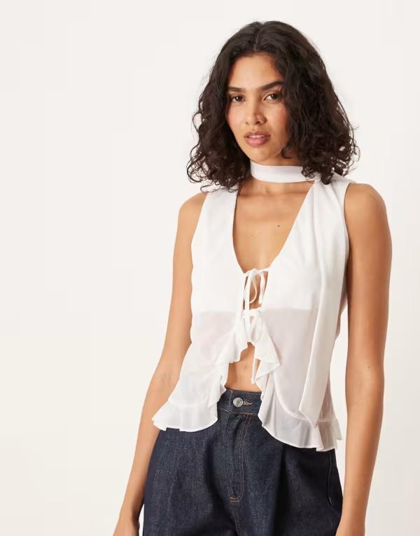 エイソス レディース トップス シャツ フリル ベスト ASOS DESIGN ruffle vest with scarf Cream クリーム