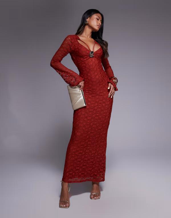 エイソス レディース トップス ワンピース カットアウト マキシワンピース レース マキシ ASOS DESIGN lace angel sleeves maxi dress with front cut out Red レッド｜ReVida 店 19,936円