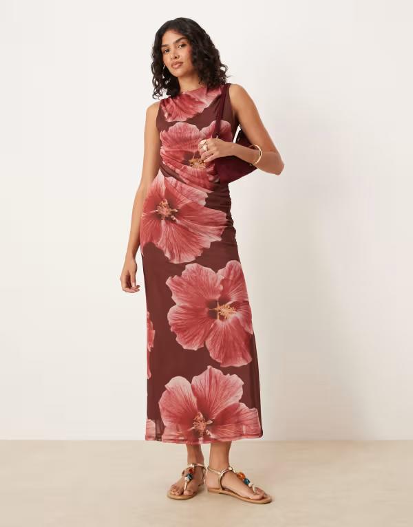 エイソス レディース トップス ワンピース サイドスリット フラワー柄 メッシュ ノースリーブ フラワー ASOS DESIGN mesh sleeveless column dress with side slit in large pink floral Pink floral ピンク