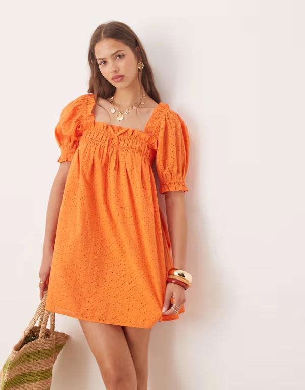 ミスセルフフリッジ レディース トップス ワンピース Miss Selfridge eyelet smock dress in orangeオレンジ 14,230円
