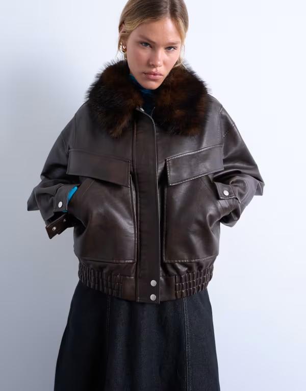 トップショップ レディース アウター ジャケット・ブルゾン レザー フェイクレザー ジャケット Topshop faux leather boxy zip up pocket bomber jacket with detachable fur color in washed Washed brown ブラウン|ReVida 店