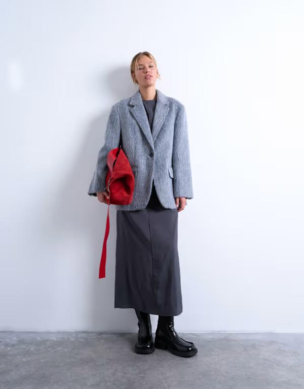 トップショップ レディース アウター コート ウール ブレザー Topshop longline brushed one button blazer coat with wool heather gray heather グレー｜ReVida 店