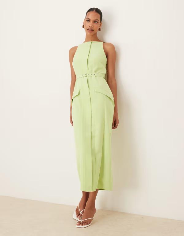 エイソス レディース トップス ワンピース ミディワンピース ミディ ASOS DESIGN slash neck belted midi dress with pockets in lime Lime ライム