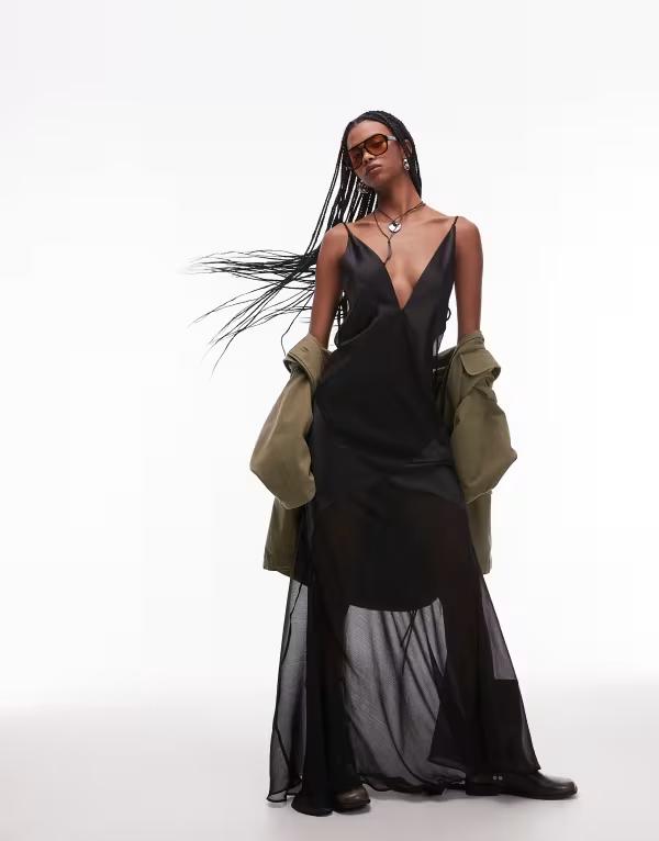エイソス レディース トップス ワンピース シアー サテン マキシ ASOS DESIGN satin sheer panel maxi slip dress Black ブラック
