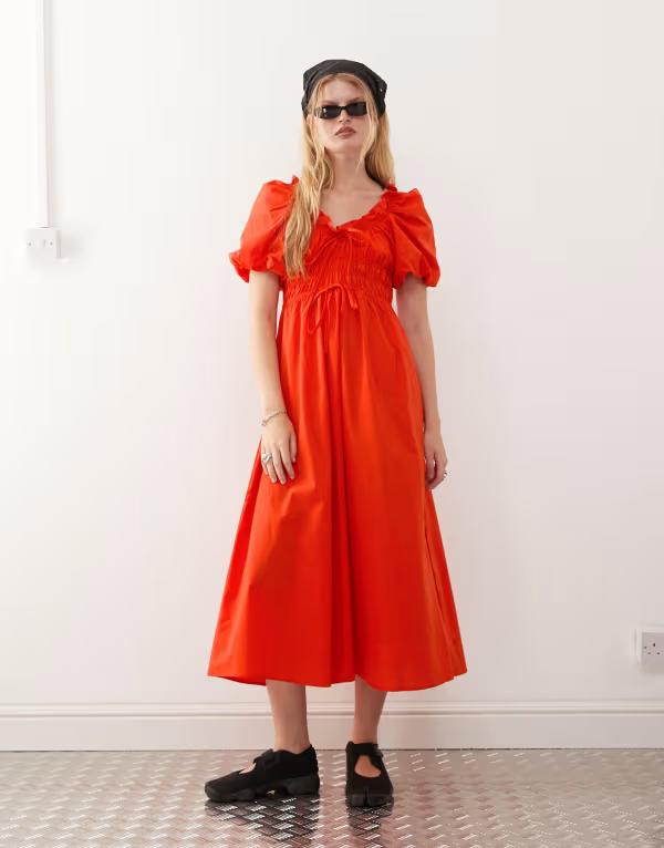 リクレイム ヴィンテージ レディース トップス ワンピース ミディワンピース ミディ Reclaimed Vintage midi dress with bubble sleeves and shirred waist Red レッド|ReVida 店