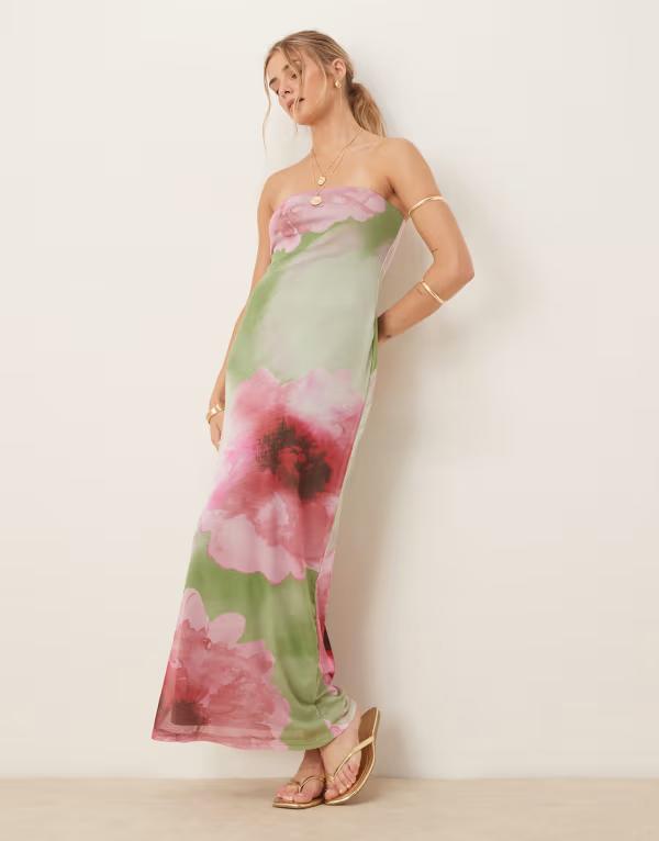 エイソス レディース トップス ワンピース ミディワンピース フラワー柄 プリント メッシュ ミディ フラワー ASOS DESIGN mesh bandeau midi dress in floral blur print FLORAL BLUR