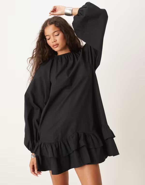 エイソス レディース トップス ワンピース レーストリム ミニワンピース ミニ レース ASOS DESIGN dropped waist frill detail mini dress with lace trim Black ブラック