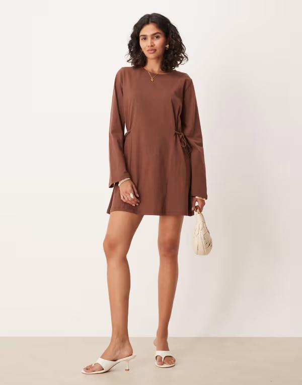 エイソス レディース トップス ワンピース ミニワンピース ミニ ASOS DESIGN tie side cinched mini dress with long sleeves BROWN ブラウン