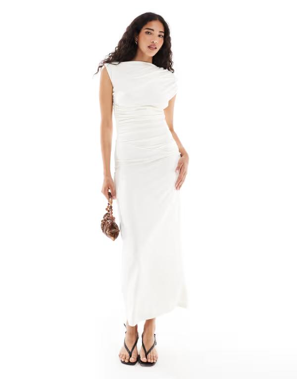 フォース&レックレス レディース トップス ワンピース ハイネック マキシワンピース ドレープ ノースリーブ マキシ 4th & Reckless double layered slinky drape waist detail high neck sleeveless maxi dress in cream CREAM クリーム
