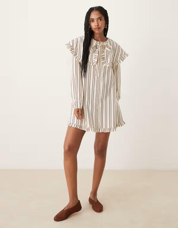 ネオンサクラ色 レディース トップス 衣装 ミニ Neon Rose striped oversized collar mini smock dress インチ olive and Brown/Olive オリーブ