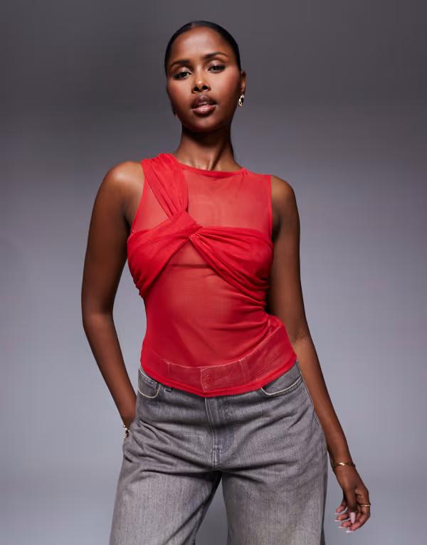 エイソス レディース トップス シャツ メッシュ ASOS DESIGN mesh layered twist tank top Red レッド