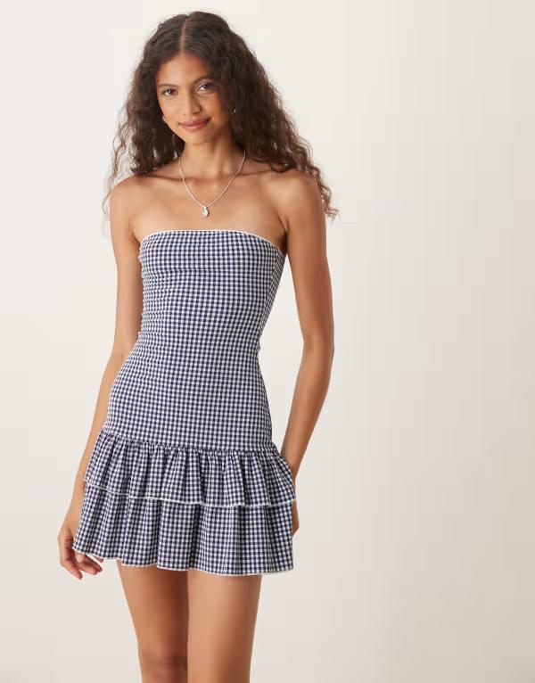モーテル レディース トップス ワンピース ギンガムチェック ギンガム Motel sitav gingham bandeau dress NAVY ネイビー