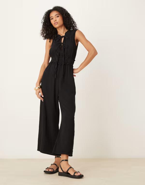 エイソス レディース トップス ジャンプスーツ ASOS DESIGN double cloth gathered bust jumpsuit Black ブラック