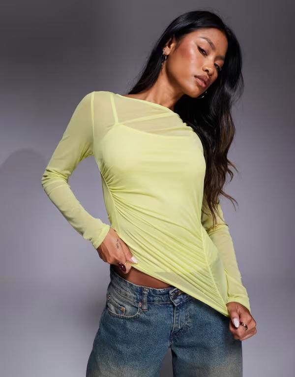 リバーアイランド レディース トップス シャツ ギャザー メッシュ River Island slash neck ruched mesh top in light LIGHT GREEN グリーン