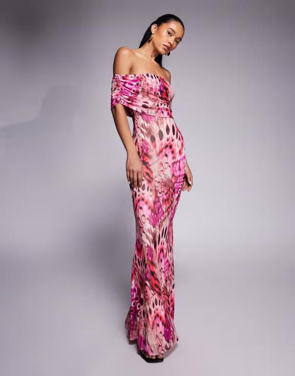 エーエフアールエム レディース トップス ワンピース マキシワンピース プリント メッシュ マキシ AFRM bardot mesh maxi dress in berry fly print Berry