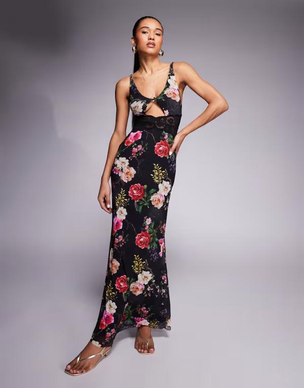 エーエフアールエム レディース トップス ワンピース カットアウト マキシワンピース プリント レース マキシ AFRM lace cut out maxi dress summer rose print NOIR ROSE ブラック