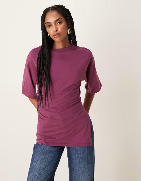 エイソス レディース トップス シャツ アシンメトリー Tシャツ ASOS DESIGN cinched asymmetric hem t-shirt in plum Plum プラム