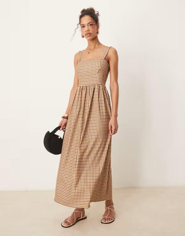 エイソス レディース トップス ワンピース ミディワンピース ギンガムチェック ミディ ギンガム ASOS DESIGN bengaline cami midi dress gingham Gingham ブラウン