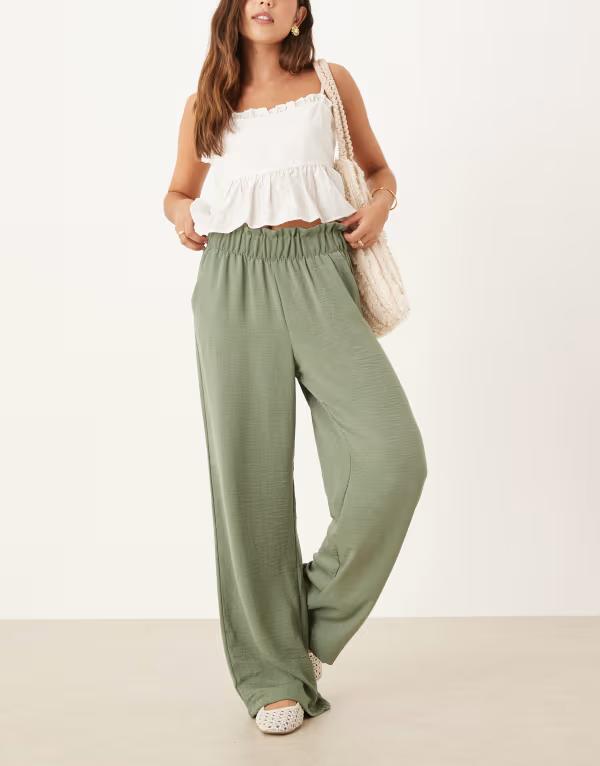 ジェイディーワイ レディース ボトムス カジュアルパンツ ワイドレッグ パンツ JDY high waisted wide leg pants with frill waistband in sage LIGHT GREEN グリーン
