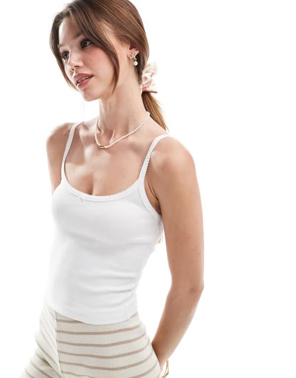 ミスセルフフリッジ レディース トップス シャツ リブ Miss Selfridge ribbed bow trim cami top WHITE ホワイト