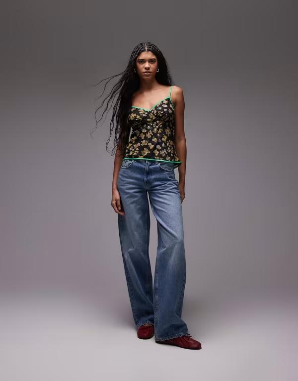 トップショップ レディース トップス タンクトップ フラワー柄 プリント コントラスト フラワー Topshop contrast binding cami floral print Black ブラック