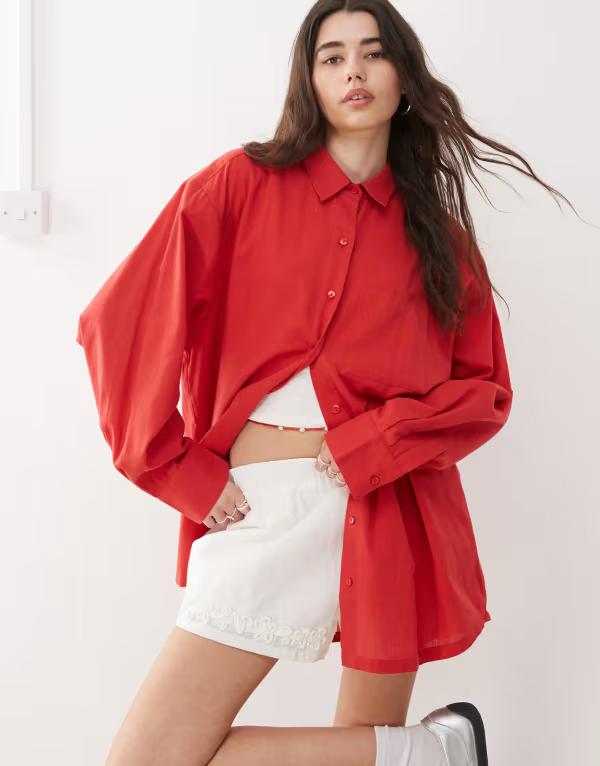 コルージョン レディース トップス シャツ リネン COLLUSION oversized linen mix shirt red レッド
