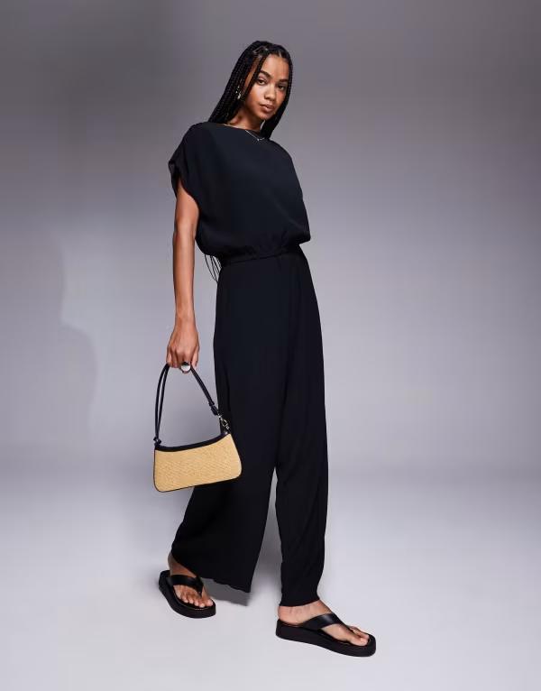 エイソス レディース ボトムス 心地好いズボン下 ワイドレッグ ズボン下 ASOS DESIGN tailored wide leg crinkle textured pants - part of a set Black 黒いこと