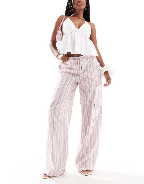 コットンオン レディース ボトムス カジュアルパンツ パンツ コットン リネン Cotton:On Cotton On Haven utility linen look pants stripe Pink Stripe ピンク