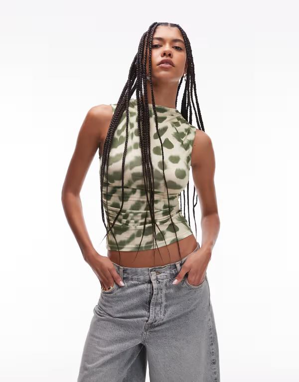 トップショップ レディース トップス タンクトップ アニマル柄 プリント Topshop microfiber abstract animal print tank top GREEN グリーン
