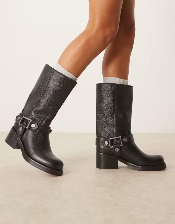 エイソス レディース シューズ ブーツ・レインブーツ レザー ASOS DESIGN Colton premium leather harness trucker knee boots BLACK LEATHER ブラック
