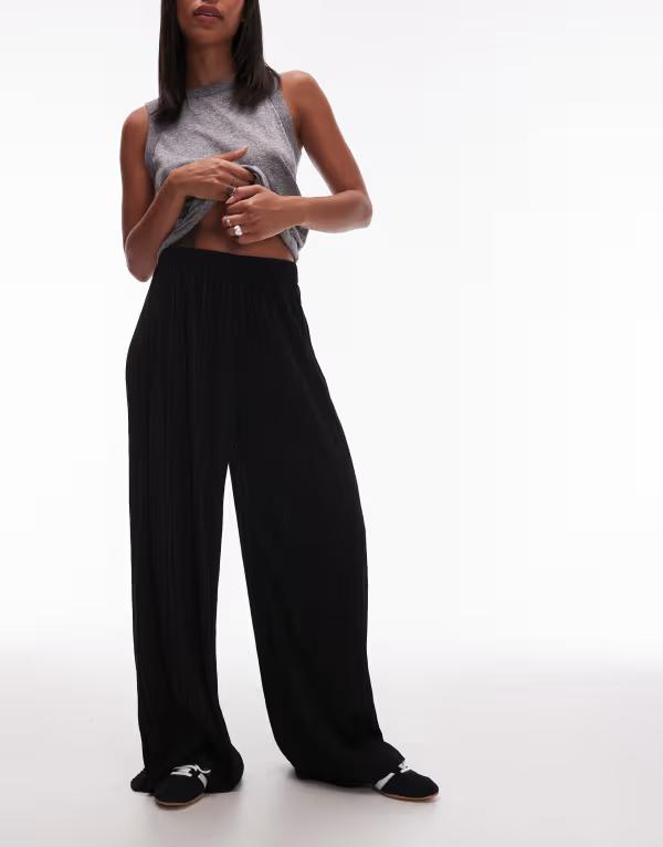 トップショップ レディース ボトムス カジュアルパンツ ワイドレッグ パンツ Topshop crinkle wide leg pants Black ブラック