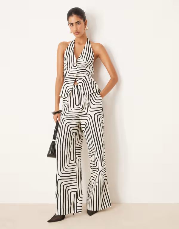 マンゴ レディース ボトムス カジュアルパンツ ワイドレッグ プリント パンツ リネン Mango scribble print linen mix wide leg pants - part of a set WHITE ホワイト|ReVida 店
