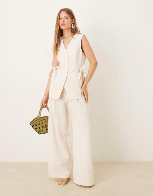 エイソス レディース ボトムス 心地好いズボン下 ズボン下 リネン ASOS DESIGN linen blend tie waist pants - part of a set Ivory 象牙色