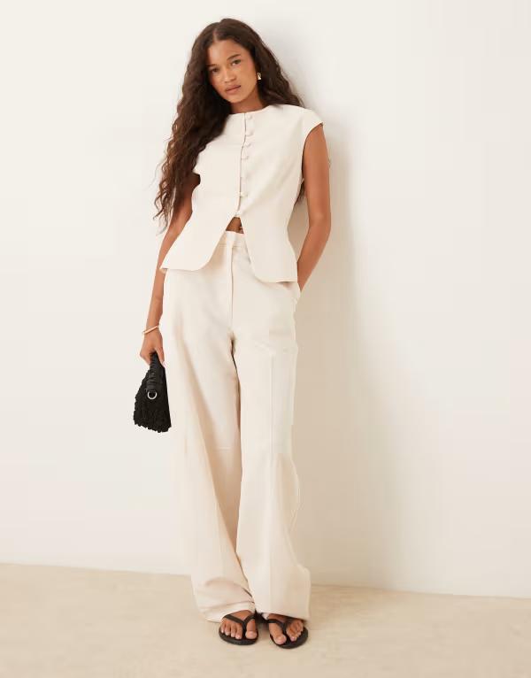 エイソス レディース ボトムス カジュアルパンツ パンツ リネン ASOS DESIGN linen blend tailored barrel leg pants Ivory アイボリー