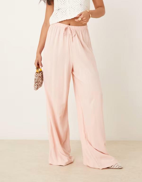 エイソス レディース ボトムス カジュアルパンツ パンツ リネン ASOS DESIGN linen look pull on pants pink ピンク