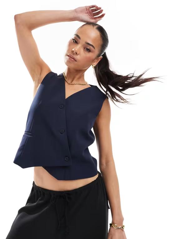 オンリー レディース トップス シャツ アシンメトリー ベスト ONLY asymmetric detail vest Night sky ネイビー｜ReVida 店