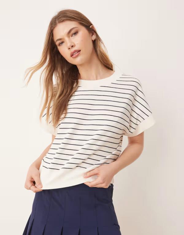 エイソス レディース トップス Tシャツ ASOS DESIGN boxy tee in textured stripe Cream stripe クリーム