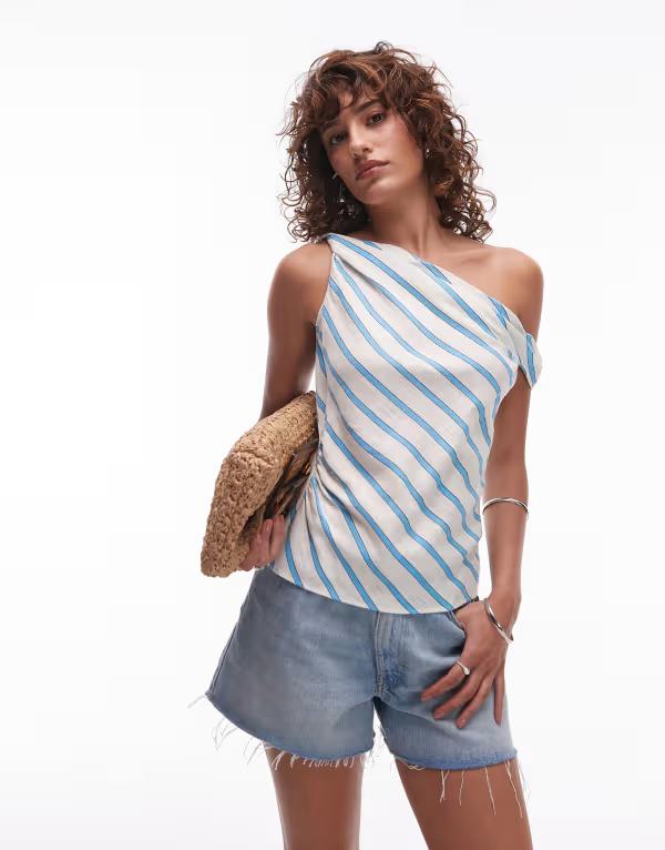 トップショップ レディース トップス タンクトップ リネン Topshop linen twisted shoulder top and white stripe Multi マルチカラー