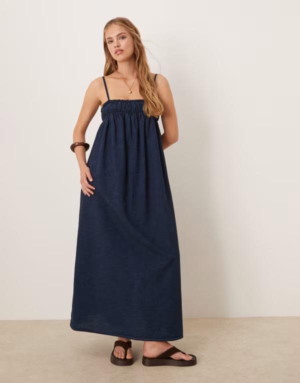 エイソス レディース トップス 衣装 マキシ衣装 ジーンズ マキシ ASOS DESIGN soft denim smock maxi dress with shirring bust インチ rinse Inky ジーンズ ワンピース-レディースファッション