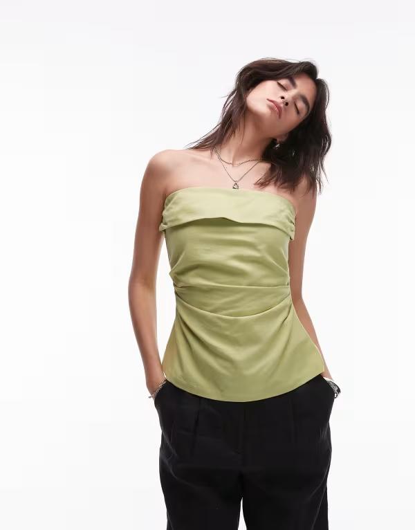 いの一番販売店 レディース トップス 貯蔵タンクいの一番 リネン Topshop linen fold over bandeau top インチ pistachio Pistachio green 緑であること レディースファッション-タンクトップ
