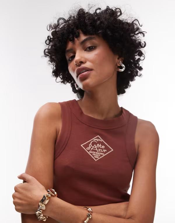 トップショップ レディース トップス タンクトップ 刺繍 Topshop embroidered Cote D'Azur tank BROWN ブラウン