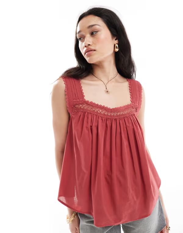 エイソス レディース トップス シャツ レーストリム レース ASOS DESIGN lace trim square neck cami top Burgundy バーガンディ